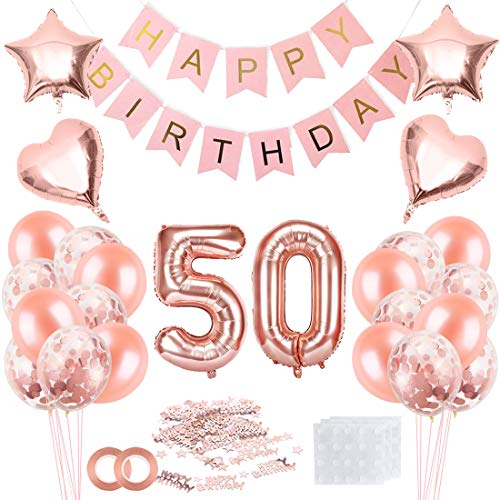 50. Geburtstag Frau: Rosegold Luftballon, Happy Birthday Banner & Konfetti Set