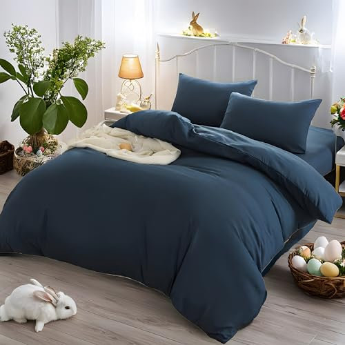 AYSW Warm Bedding Set and Fitted Sheet Double Size 110GSM 4 Pieces Brushed Microfiber with 1 Duvet Cover with 2 zippers 2 Pillowcases and 1 Fitted Sheet Navy