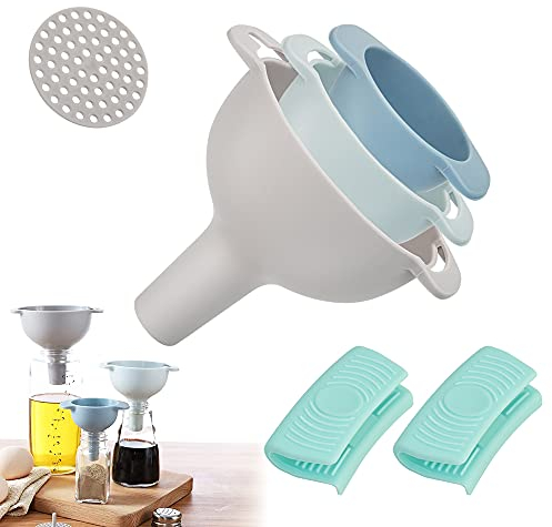 STCRERAG Trichterset Plastik mit Sieb Stapelbar 4 in 1 Multifunktional Einfülltrichter Küche Trichter Set 3 Stück Trichter Kunststoff Sicher Kunststofftrichter Küche mit Griff für Abfüllen und Sieben