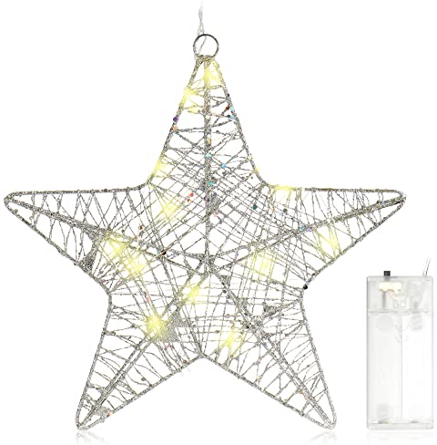 COM-FOUR® deco LED star Christmas - Stella decorativa natalizia da appendere - Stella di Natale in metallo con paillettes - Appendino decorativo