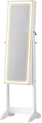 SONGMICS Armadietto Portagioie, Luci a LED con 3 Colori e Intensità Regolabile, Portagioielli da Terra con Specchio Senza Cornice a Figura Intera, Specchio Interno con Lucine, Bianco JJC012W01