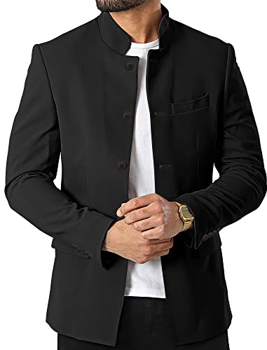 Mens Casual Suit Blazer Jackets Stand Mandarin Collar Lightweight Lined Business Dress Sport Coats, Black, M