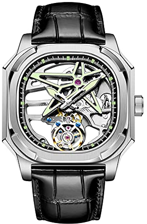 Aesop Quadratisch Tourbillon Uhren Mechanische Herrenuhren Hohles Skelett Zifferblatt Handaufzug Analoge Armbanduhren Saphirglas Leuchtende wasserdichte Mode Luxusuhr für Herren 7052(Silber)