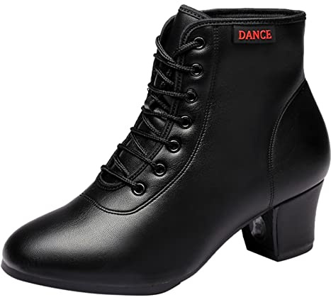 SDEQA Damenmode-Tanzstiefel Mit Mittlerem Absatz Leder Latin Modern Dance Schuhe Zum Schnüren Für Drinnen Und Draußen,Black a,38 EU