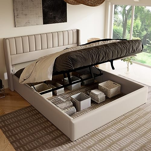 Lit rembourré 140 x 200 cm, lit hydraulique en Lin avec Son Design à Rayures Verticales, sommier à Lattes Moderne avec Espace de Rangement, Beige (Matelas Non Inclus
