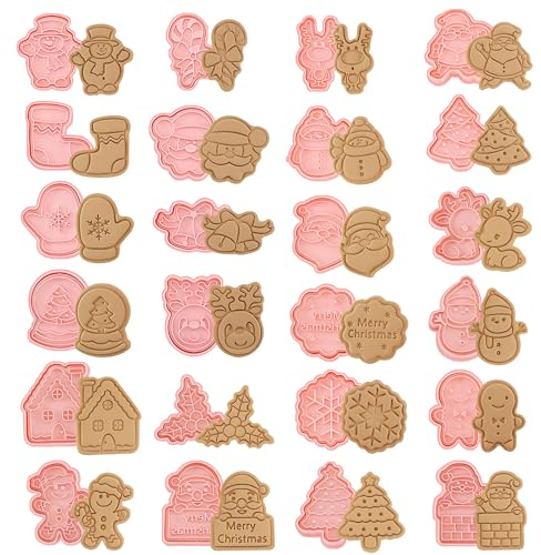 24 Stück Ausstechformen Weihnachten Set Kunststoff Ausstecher Cartoon Keksausstecher 3D Keksausstecher Karikatur Plätzchenform Rosa Ausstecher Plätzchenausstecher für Cookie Fondant Schokoladen