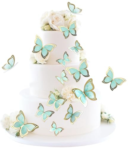 Blumomon Accessori per torta 3D con farfalle, decorazioni, bordo in oro verde, dimensioni miste, topper per cupcake a farfalla, matrimonio, baby shower, matrimonio, anniversario, compleanno, festa,
