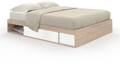 IDMarket - Cadre de lit Double Salem avec rangements et sommier 160 x 200 cm façon hêtre et Blanc