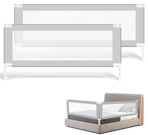 Jopassy - Griglia di protezione per letto da 150 cm, con base a forma di U, protezione per lettino, per bambini e letti dei genitori, altezza da 68 a 95 cm, colore grigio, 2 pezzi