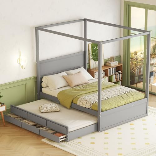 YCYDHDM Himmelbett Kinderbett 140 x 200 cm mit Ausziehbett und 3 Schubladen, Einzelbett Stauraumbett mit Kopfteil und Lattenrost, Bettgestell aus Kiefernholz, für Kinderzimmer, Ohne Matratz, Grau