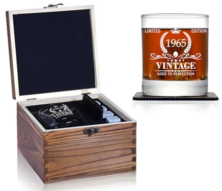 Vintage 60:e födelsedagspresenter för män, 1965, whiskyglas och stenar, trälåda, rolig 60-årig födelsedagspresent till pappa, make, bror, 60 födelsedagspresenter presentidéer för honom, 60 år gammal