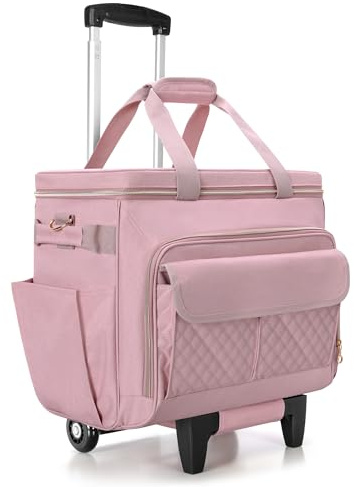 Luxja Rolling Teacher Bag with Laptop Compartment and Detachable Dolly, Multifunctional Rolling Briefcase with Accordion File Area (Patent Pending), Pink