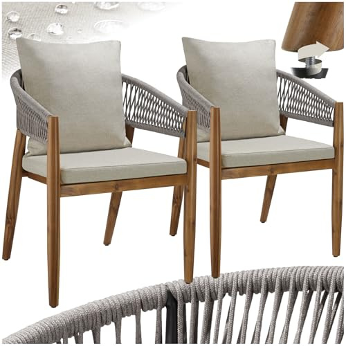 tectake® Chaise de Jardin Lot de 2, Acacia, Corde tressée, 59x58x76,5cm | Résistant aux intempéries, Coussins épais, housses polyester déperlantes amovibles lavables, pieds en Acacia massif, grège
