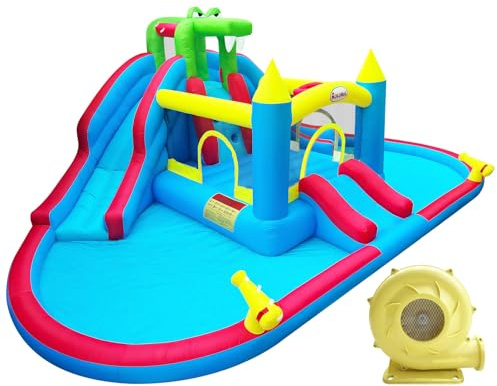 rolonal Inflatable Bounce House with Double Water Slide,Double Ball Pit/Water Pool,Crocodile Styling,Double Water Cannon,Climbing Wall,Bouncy Castle with Air Blower,Water Park Slide for Kids Backyard