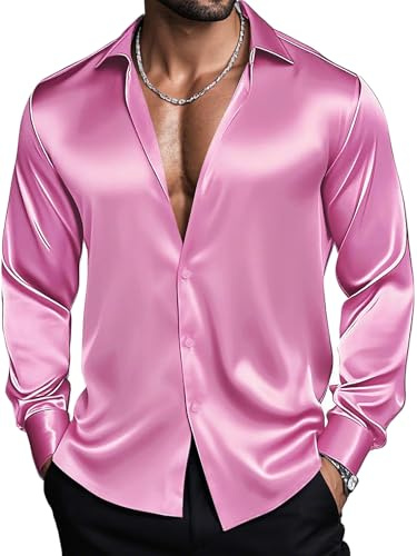 Barry.Wang Camisas para hombre de manga larga, camisas de vestir elásticas, sólidas, satinadas, con botones, camisas formales, casuales, de negocios, para boda, fiesta, rosa claro, S