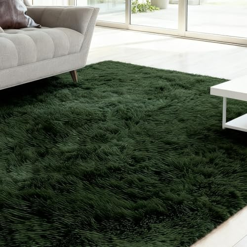 FARYODI Alfombra de pelo largo, mullida, antideslizante y lavable, alfombra moderna y suave para salón, dormitorio, habitación infantil (verde oscuro, 80 x 160 cm)