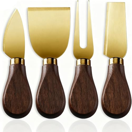 4-Piece Stainless Steel Cheese Knives Set with Walnut Handle & Gold Accents, Cheese Slicer, Spreader, Fork & Hard Cheese Knife, Essential Charcuterie Board Accessories for Entertaining