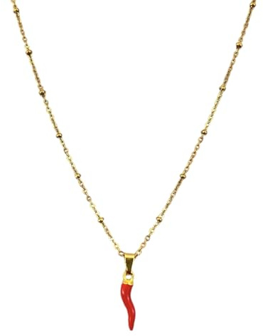 SiLo Bijoux Collana da Donna Uomo Catena Rolò Sfere Palline in Acciaio inox 316L di con Ciondolo Corno Cornetto Rosso Portafortuna