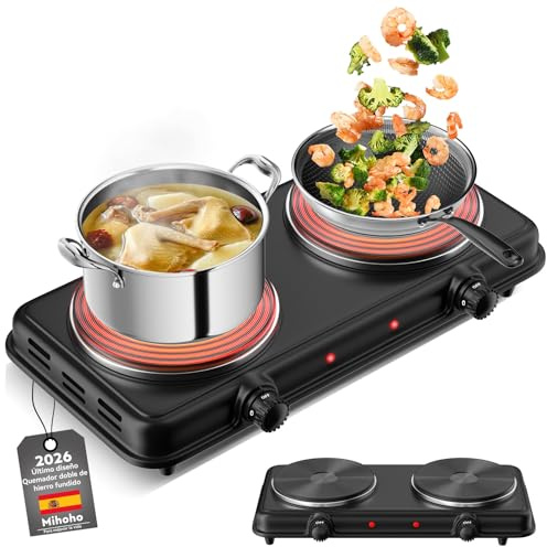 Placa de cocina doble portátil, placa eléctrica para cocinar con 2 fuegos 2000W, control de temperatura, portátil y base de acero inoxidable fácil de limpiar (negro K)