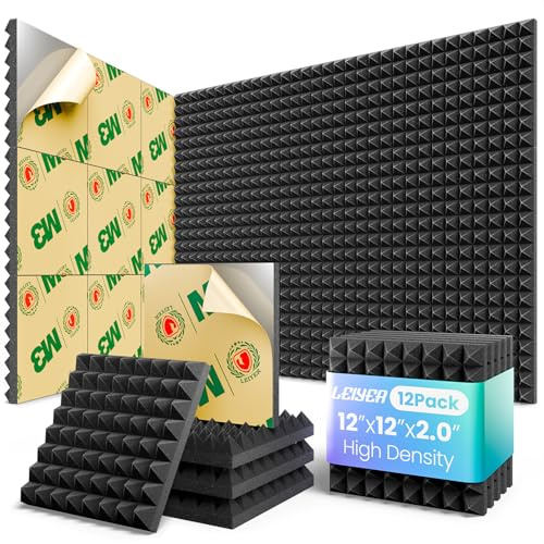 LEIYER Acoustic Panels 12 pack Pyramid Self-Adhesive Upgrade,2X12X12 Sound Proof Foam Panels for Walls Quickly-Expand,Acoustic Wall Panels High Density Sound Absorbing for Gaming&Studio Decor,Black