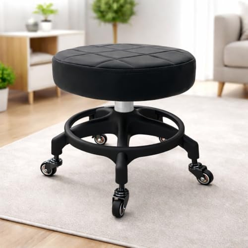 KinShare Upgraded Low Rolling Stool with 360° Smooth&Quiet Bearing Rubber Wheels, Heavy-Duty 450lbs Mechanic Rolling Seat for Salon, Workshop, Garage, Waffe Anti-Tip Matte Black Seat Black Base