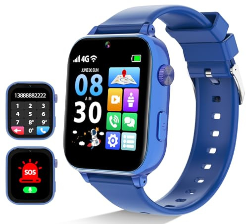 PTHTECHUS 4G Reloj Inteligente Niño, Smartwatch Niños Niña con GPS, Videollamadas, Chat de Voz, SOS, Modo Clase, WiFi, Juegos, Cámara, Reloj Niños Regalo para Niñas niños 4-12 años Regalo (Azul)