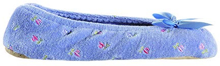 isotoner Women's Embroidered Plush Terry Ballerina Slippers , Periwinkle Soft Tie Bow, 5-6