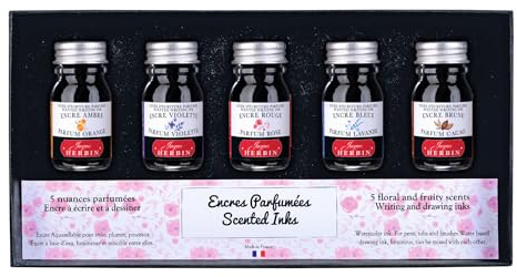 Jacques Herbin 18700T - A set of 5 bottles of 10 ml scented ink for fountain pens and rollerball pens, assorted colours and fragrances. Made in France.