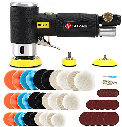 SI FANG 48Pcs Mini Random Orbital Air Sander Kit - 1'', 2'', 3'' High Speed Polisher for Auto Body Work - Includes Polishing Sponge & Wool Pads, Sandpapers (Black)