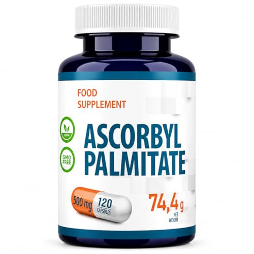 Palmitate d'ascorbyle 500mg 120 gélules végétaliennes, très puissantes, sans agents de remplissage ou de charge, sans OGM