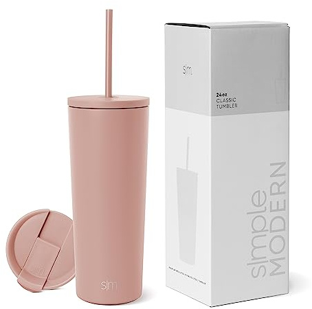 Simple Modern Isolierter Becher mit Strohhalm und Deckel | EiskaffeeBecher Wiederverwendbare EdelstahlWasserflasche Thermobecher | Classic Sammlung | 710ml | Mauve Me
