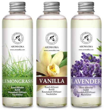 Raumduft Diffuser Nachfüller Lemongrass & Vanille & Lavendel 600ml - 3x200ml - Nachfüller Set für Duftdiffusor - Reed Diffuser Refill - Raumbeduftung - Zimmerduft - Diffuser Nachfüllen - Raumluft
