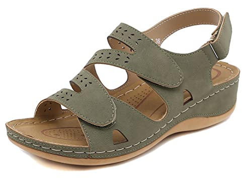 SMajong Sandalias con Punta Abierta Mujer Moda Ortopedicas Comodas Sandalias de Caminar Verano Sling Back Zapatillas de Vestir Ajustable al Tobillo, Verde 40 EU