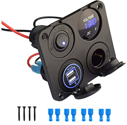 Etrogo Bilströmbrytarpanel 4-i-1 vattentät DC 12 V med QC3.0 USB-uttag, bil cigarettändare, LED-voltmeter, vippströmbrytare för husbil, båt, husvagn, lastbil