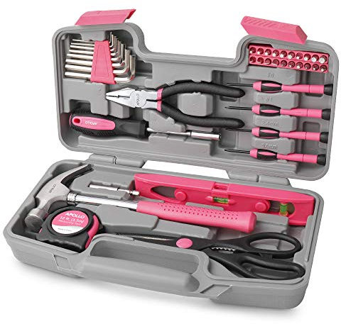Apollo 39pc Pink Home DIY Repair Tool Kit Set. Women Ladies Starter Basic Hand Tools in a Compact and Portable Toolbox Case for Household and Office