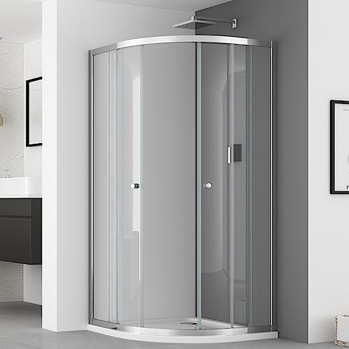 IMPTS Viertelkreis Duschkabine 90x90 komplett Duschabtrennung Runddusche Schiebetür Viertelkreisdusche 185cm aus 6mm ESG Glas, inkl.Duschtasse & Ablaufgarnitur