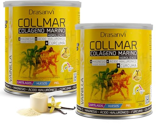 Drasanvi COLLMAR Colágeno Marino Hidrolizado + Cúrcuma con Magnesio, Vitamina C, Ácido Hialurónico | Bienestar articular y muscular | Pack 2 uds | 9.355 mg/día | 2 x 300g de polvo | Sabor Vainilla
