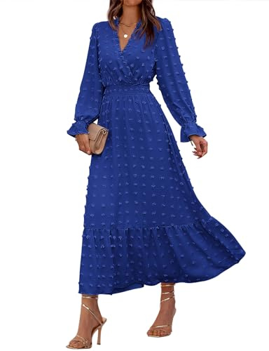 BTFBM Women Fall Maxi Dresses 2025 Long Sleeve V Neck Swiss Dots High Waisted A-Line Ruffle Boho Long Dress Vacation(Royal Blue,X-Large)