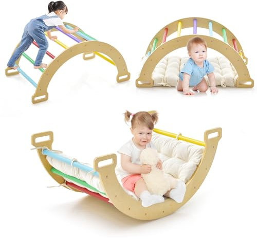 GOPLUS Kinder Kletterbogen mit Kissen, Kletterdreieck Indoor aus Holz, Klettergerüst zum Wippen und Klettern, Holzkletterbogen und Wippe für Kinder ab 3 Jahren (Bunt)