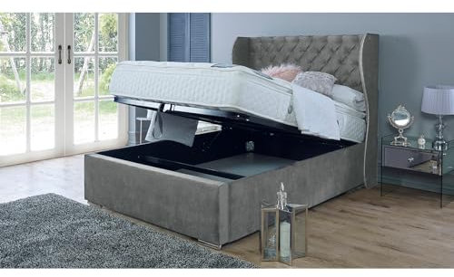 Furnishion Ottoman Bed Double - Grey Velvet Double Bed with Storage - Upholstered Wingback Double Bed and Mattress Included & 48inch High Headboard