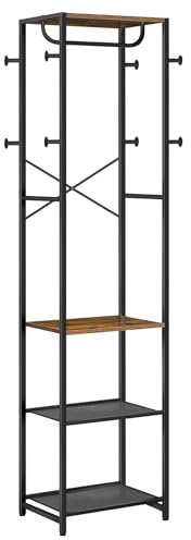 HOOBRO Garderobenständer, Garderobe mit Schuhregalen, Aufbewahrungsregal, Garderobe mit 3 Regalen, Vielseitiger Kleiderständer mit Schuh-Organizer, Vintagebraun und Schwarz EBF04YM01
