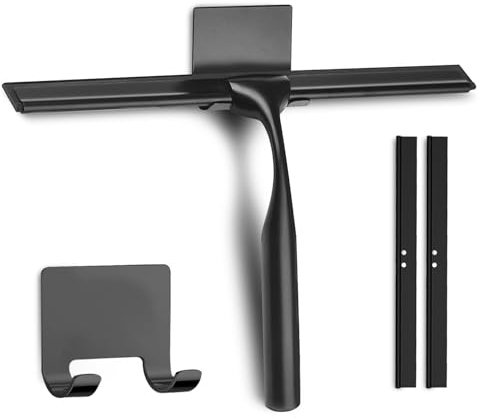 COFTCLMOMT 25cm Edelstahl Duschabzieher mit Selbstklebe Haken und 2 Ersatzklinge, Edelstahl Kurzer Griff Glaswischer Abzieher Dusche für Duschtüren,Glas Wasserschieber, Badwischer, Schwarz