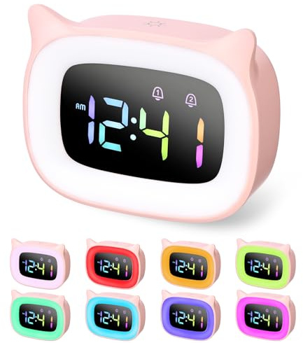 PERMUST Väckarklocka barn, LED-barnväckarklocka, justerbar ljusstyrka digital, 18 ringsignaler, väckarklocka med ljus, 4 lägen, snooze-läge, USB-laddningsport, enkel installation
