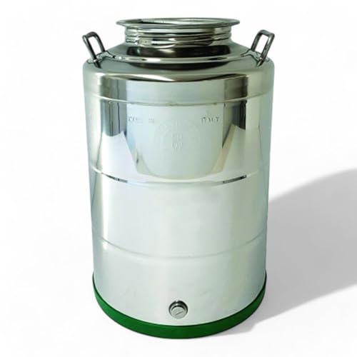 Briconess.com Fusto acciaio inox per olio con maniglie fondo a pentola tappo a vite attacco rubinetto protezione plastica - 50 lt