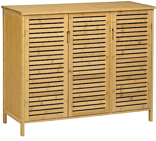 HOMCOM Mueble Zapatero de Recibidor de Bambú Armario Zapatero con 3 Puertas de Persianas Estantes Ajustables para 16 Pares de Zapatos para Pasillo Entrada 100x35x80 cm Natural