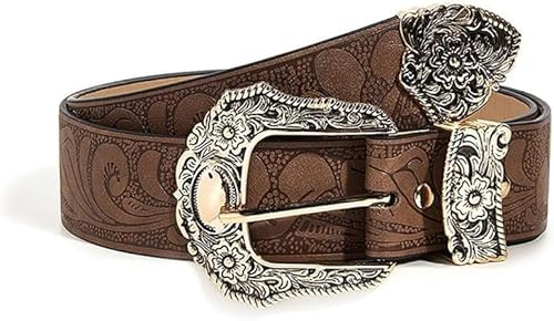 TTPSRY Cinturón Cuero Grabado Floral Hebilla Metálica Vintage Estilo Occidental Ajustable Artesanal Elegante Decorativo