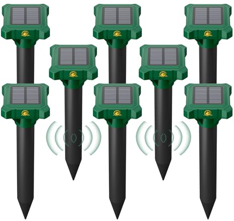 8 Pack Mole Repellent Solar Powered, IP65 Waterproof Gopher Chipmunk Repeller Outdoor, Groundhog Snake Repellent for Yard, Sonic Mole and Vole Deterrent Spikes, Effective Lawn and Garden Protection