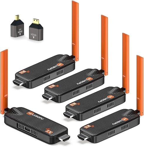 WELUSOPU 2025 Wireless HDMI Sender mit 4 Empfängern – 4K-Dekodierung, 5GHz/1080P | 30M/98FT Reichweite | Kompatibel mit bis zu 6 TVs, Video-Streaming für Laptop, PC auf TV, Projektor, Monitor