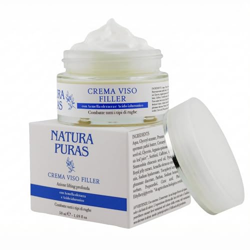 Crema Viso Antirughe Effetto Filler | AZIONE URTO con 3 Acidi Ialuronici, Acmella e Pappa Reale | Lifting Istantaneo e Pelle Levigata | NaturaPuras 50 ml