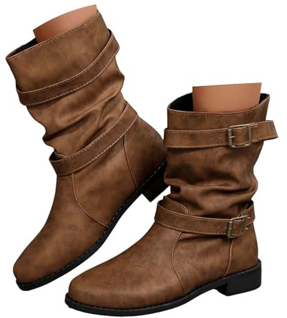 Xbemkste Stivaletti da donna piatti con fibbia alla cintura, eleganti stivaletti larghi, casual, a gambo medio, per le mezze stagioni